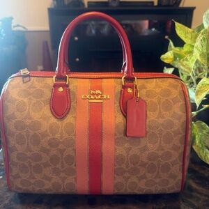 Coach Brown Signature Satchel with Red and Pink Stripe